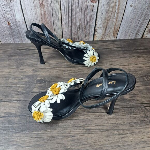 Larroudé Black Leather Floral Daisy Fiore Heel Sandals Women's Sz 6.5 (READ) - Picture 7 of 13